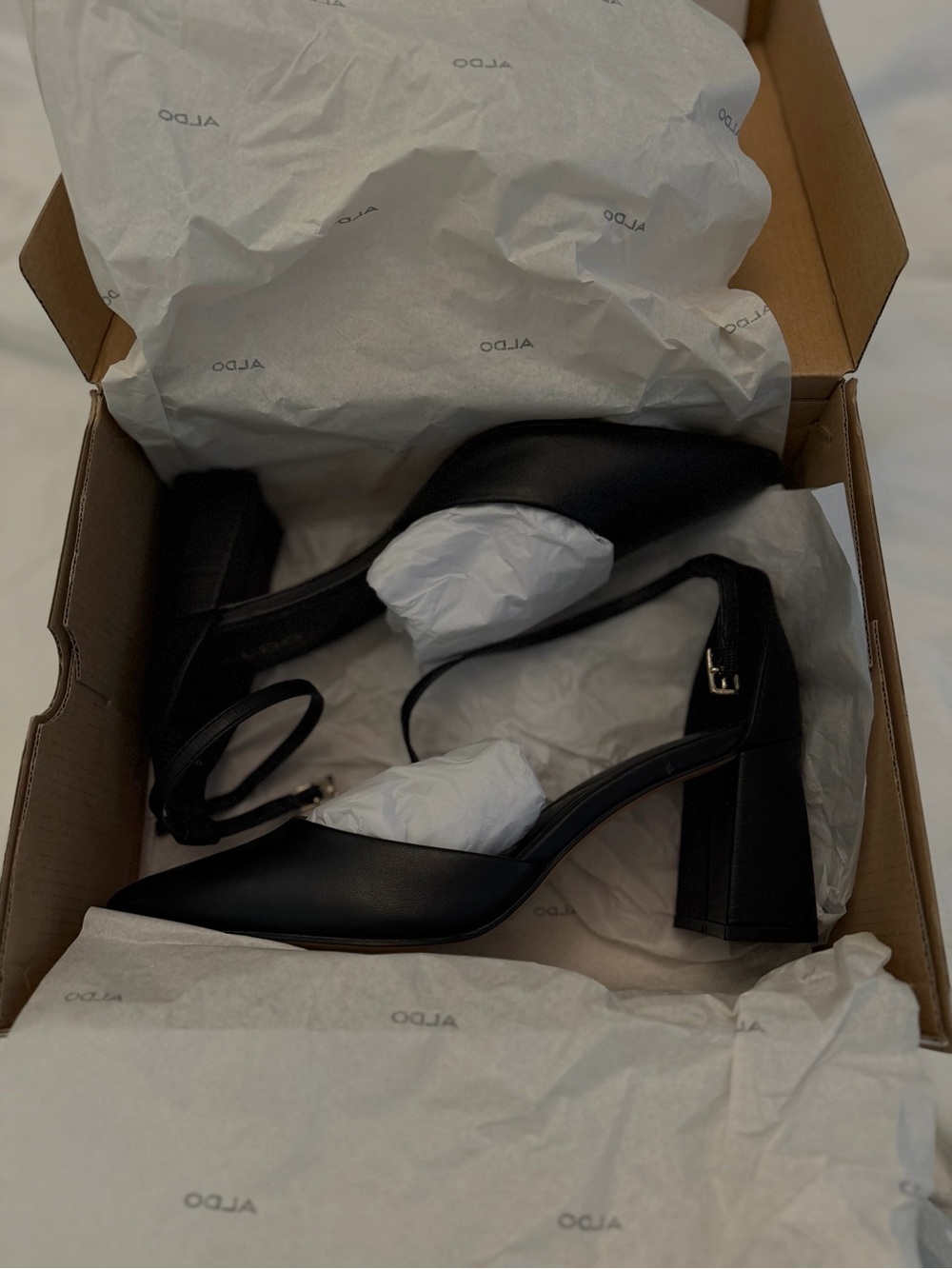 Aldo ‘Jan’ Black Pointed Toe Ankle-Strap Block Heels - Picture 4 of 5